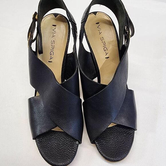 Via Spiga Onitta Cork Open Toe Leather Sandal Heels Slingback Black Size 8.5 I - Picture 7 of 10